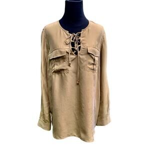 Michael Kors 100% Silk Golden Tan Tunic Safari Shirt Size Large